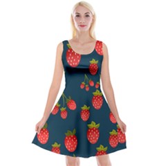 Strawberry Texture, Blue Background With Strawberries Reversible Velvet Sleeveless Dress