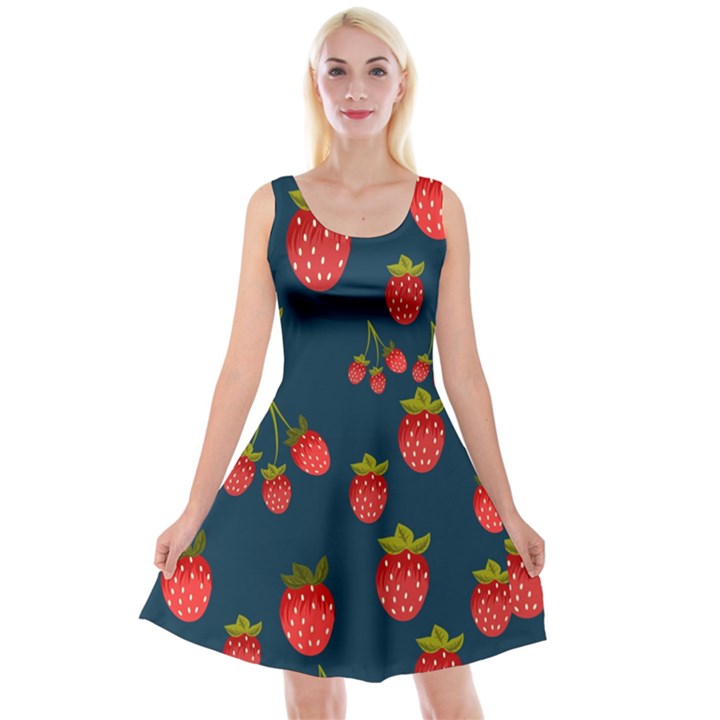 Strawberry Texture, Blue Background With Strawberries Reversible Velvet Sleeveless Dress