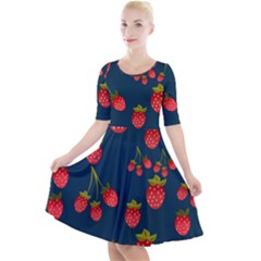 Strawberry Texture, Blue Background With Strawberries Quarter Sleeve A-line Dress With Pockets by kyorashop23