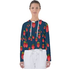 Strawberry Texture, Blue Background With Strawberries Women s Slouchy Sweat