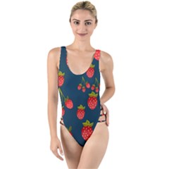 Strawberry Texture, Blue Background With Strawberries High Leg Strappy Swimsuit