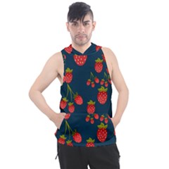 Strawberry Texture, Blue Background With Strawberries Men s Sleeveless Hoodie by kyorashop23