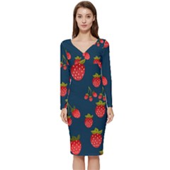 Strawberry Texture, Blue Background With Strawberries Long Sleeve V-neck Bodycon Dress 