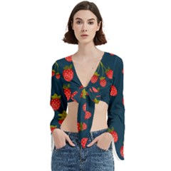 Strawberry Texture, Blue Background With Strawberries Trumpet Sleeve Cropped Top