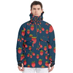 Strawberry Texture, Blue Background With Strawberries Men s Pullover Zip Ski And Snowboard Waterproof Breathable Jacket