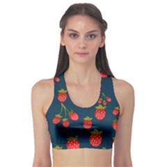 Strawberry Texture, Blue Background With Strawberries Fitness Sports Bra by kyorashop23