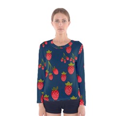 Strawberry Texture, Blue Background With Strawberries Women s Long Sleeve T-shirt