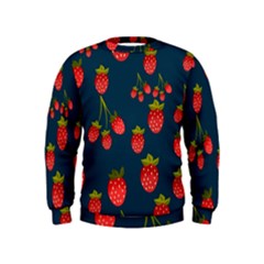 Strawberry Texture, Blue Background With Strawberries Kids  Sweatshirt