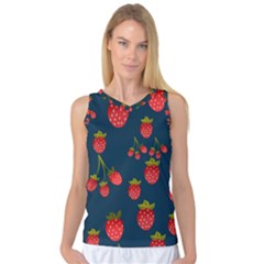 Strawberry Texture, Blue Background With Strawberries Women s Basketball Tank Top by kyorashop23