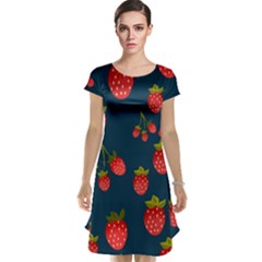 Strawberry Texture, Blue Background With Strawberries Cap Sleeve Nightdress