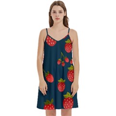 Strawberry Texture, Blue Background With Strawberries Mini Camis Dress With Pockets by kyorashop23