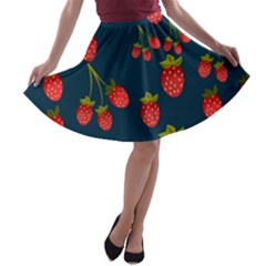 Strawberry Texture, Blue Background With Strawberries A-line Skater Skirt