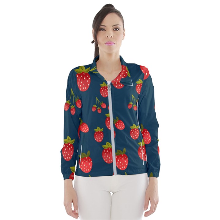 Strawberry Texture, Blue Background With Strawberries Women s Windbreaker