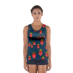 Strawberry Texture, Blue Background With Strawberries Sport Tank Top 