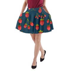 Strawberry Texture, Blue Background With Strawberries A-line Pocket Skirt