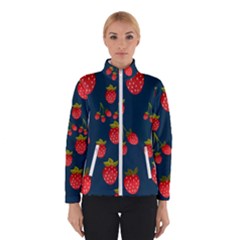 Strawberry Texture, Blue Background With Strawberries Women s Bomber Jacket