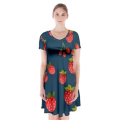 Strawberry Texture, Blue Background With Strawberries Short Sleeve V-neck Flare Dress by kyorashop23