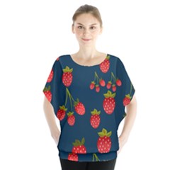 Strawberry Texture, Blue Background With Strawberries Batwing Chiffon Blouse