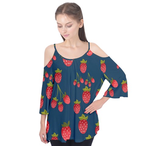 Strawberry Texture, Blue Background With Strawberries Flutter Sleeve T-shirt by kyorashop23