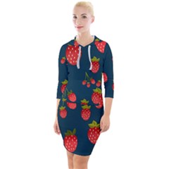 Strawberry Texture, Blue Background With Strawberries Quarter Sleeve Hood Bodycon Dress