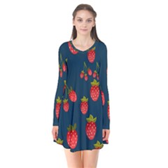 Strawberry Texture, Blue Background With Strawberries Long Sleeve V-neck Flare Dress by kyorashop23