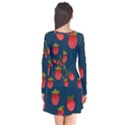 Strawberry Texture, Blue Background With Strawberries Long Sleeve V-neck Flare Dress View2