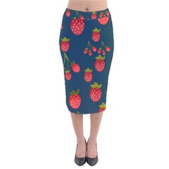 Strawberry Texture, Blue Background With Strawberries Velvet Midi Pencil Skirt by kyorashop23