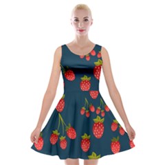 Strawberry Texture, Blue Background With Strawberries Velvet Skater Dress