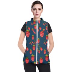 Strawberry Texture, Blue Background With Strawberries Women s Puffer Vest