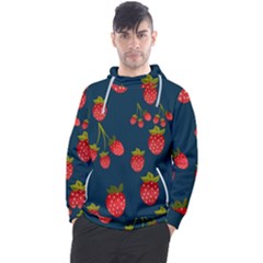 Strawberry Texture, Blue Background With Strawberries Men s Pullover Hoodie