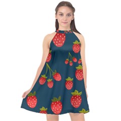 Strawberry Texture, Blue Background With Strawberries Halter Neckline Chiffon Dress 