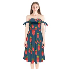 Strawberry Texture, Blue Background With Strawberries Shoulder Tie Bardot Midi Dress