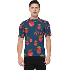 Strawberry Texture, Blue Background With Strawberries Men s Short Sleeve Rash Guard by kyorashop23