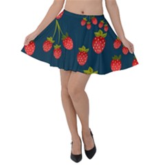 Strawberry Texture, Blue Background With Strawberries Velvet Skater Skirt