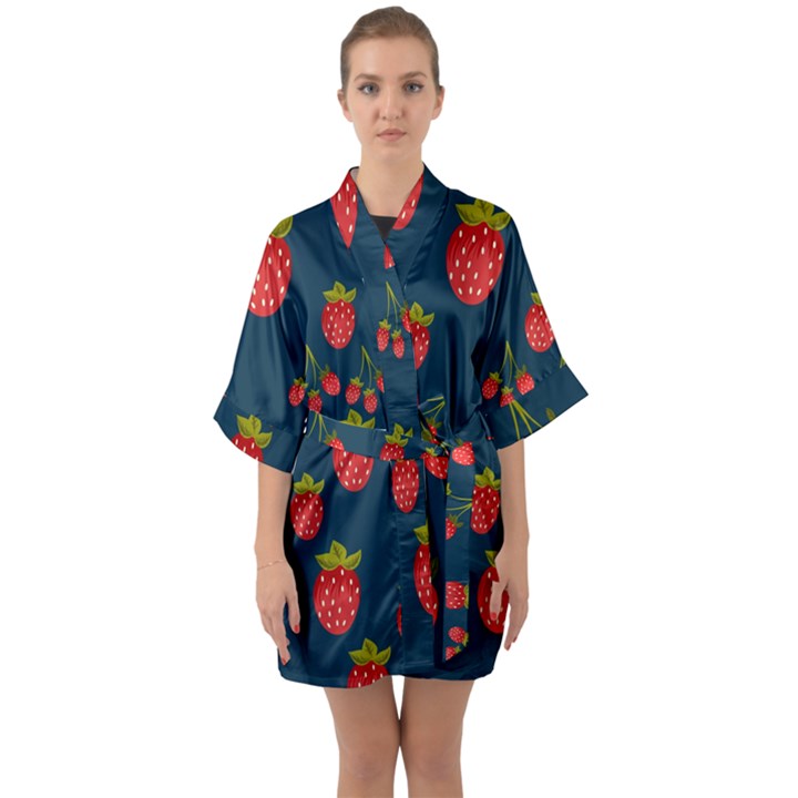 Strawberry Texture, Blue Background With Strawberries Half Sleeve Satin Kimono 