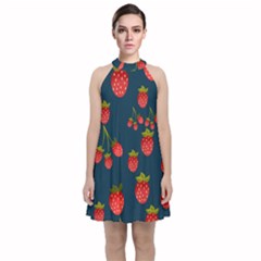 Strawberry Texture, Blue Background With Strawberries Velvet Halter Neckline Dress 