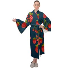 Strawberry Texture, Blue Background With Strawberries Maxi Velvet Kimono