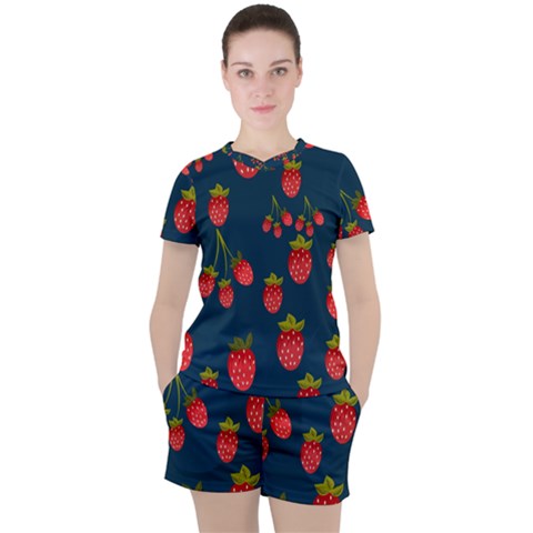 Strawberry Texture, Blue Background With Strawberries Women s T-shirt And Shorts Set by kyorashop23