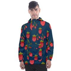 Strawberry Texture, Blue Background With Strawberries Men s Front Pocket Pullover Windbreaker