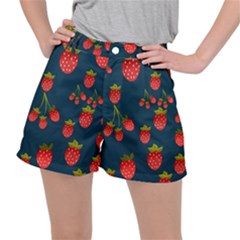 Strawberry Texture, Blue Background With Strawberries Women s Ripstop Shorts