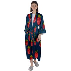 Strawberry Texture, Blue Background With Strawberries Maxi Satin Kimono