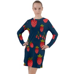 Strawberry Texture, Blue Background With Strawberries Long Sleeve Hoodie Dress