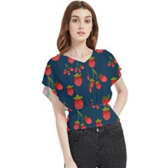 Strawberry Texture, Blue Background With Strawberries Butterfly Chiffon Blouse