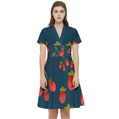 Strawberry Texture, Blue Background With Strawberries Short Sleeve Waist Detail Dress