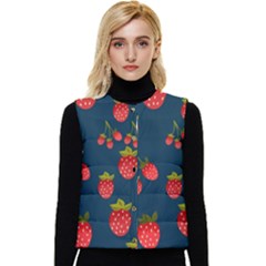 Strawberry Texture, Blue Background With Strawberries Women s Button Up Puffer Vest