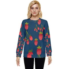 Strawberry Texture, Blue Background With Strawberries Hidden Pocket Sweatshirt