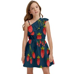 Strawberry Texture, Blue Background With Strawberries Kids  One Shoulder Party Dress