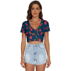 Strawberry Texture, Blue Background With Strawberries V-neck Crop Top by kyorashop23