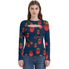 Strawberry Texture, Blue Background With Strawberries Women s Cut Out Long Sleeve T-shirt by kyorashop23