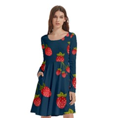 Strawberry Texture, Blue Background With Strawberries Long Sleeve Knee Length Skater Dress With Pockets